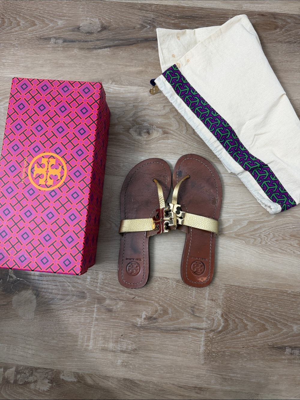 Tory Burch Brown Leather Flip Flops with Gold Logo Thong